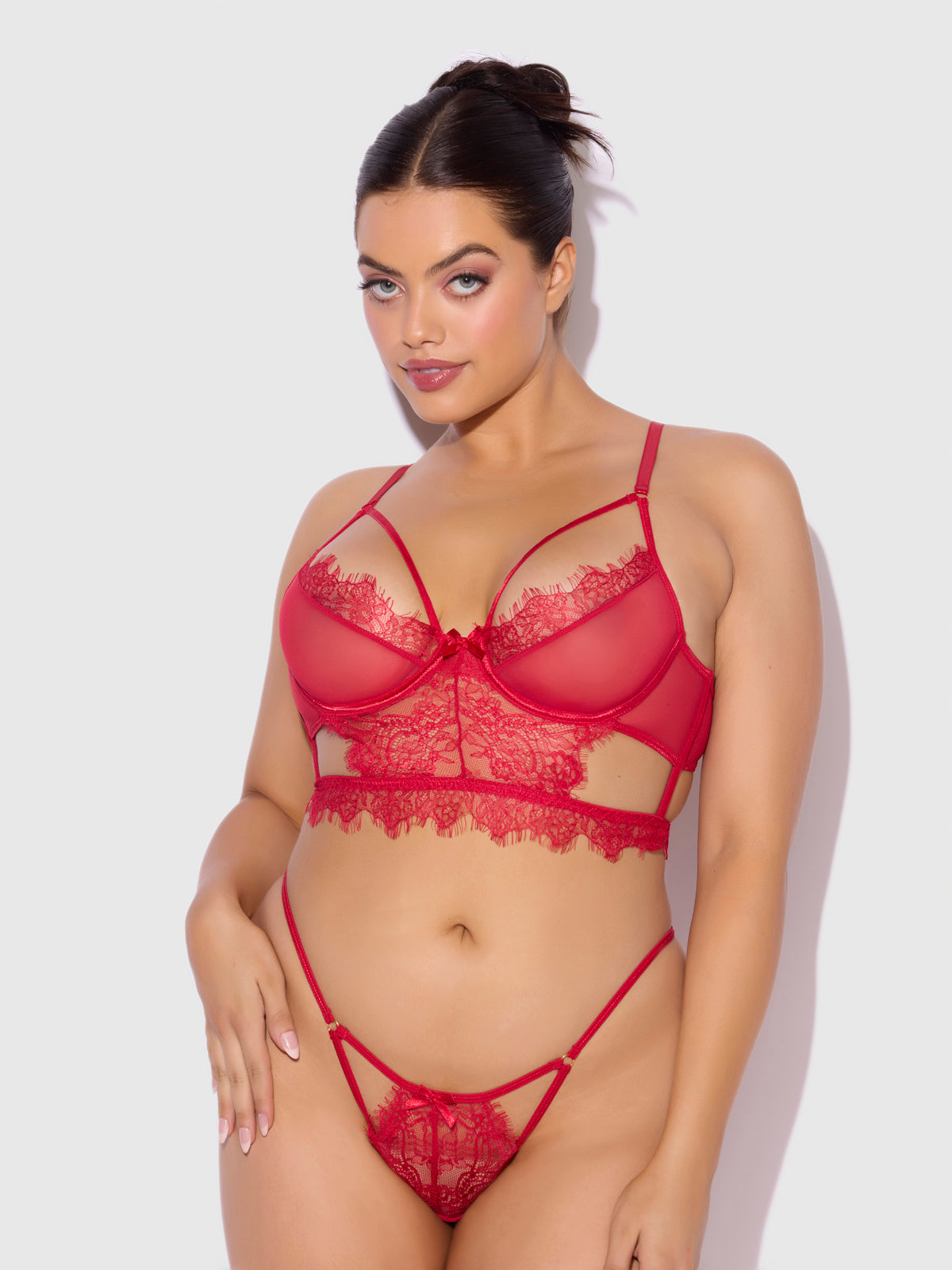 MILA EYELASH LACE STRAPPY LONGLINE BRA & TANGA SET