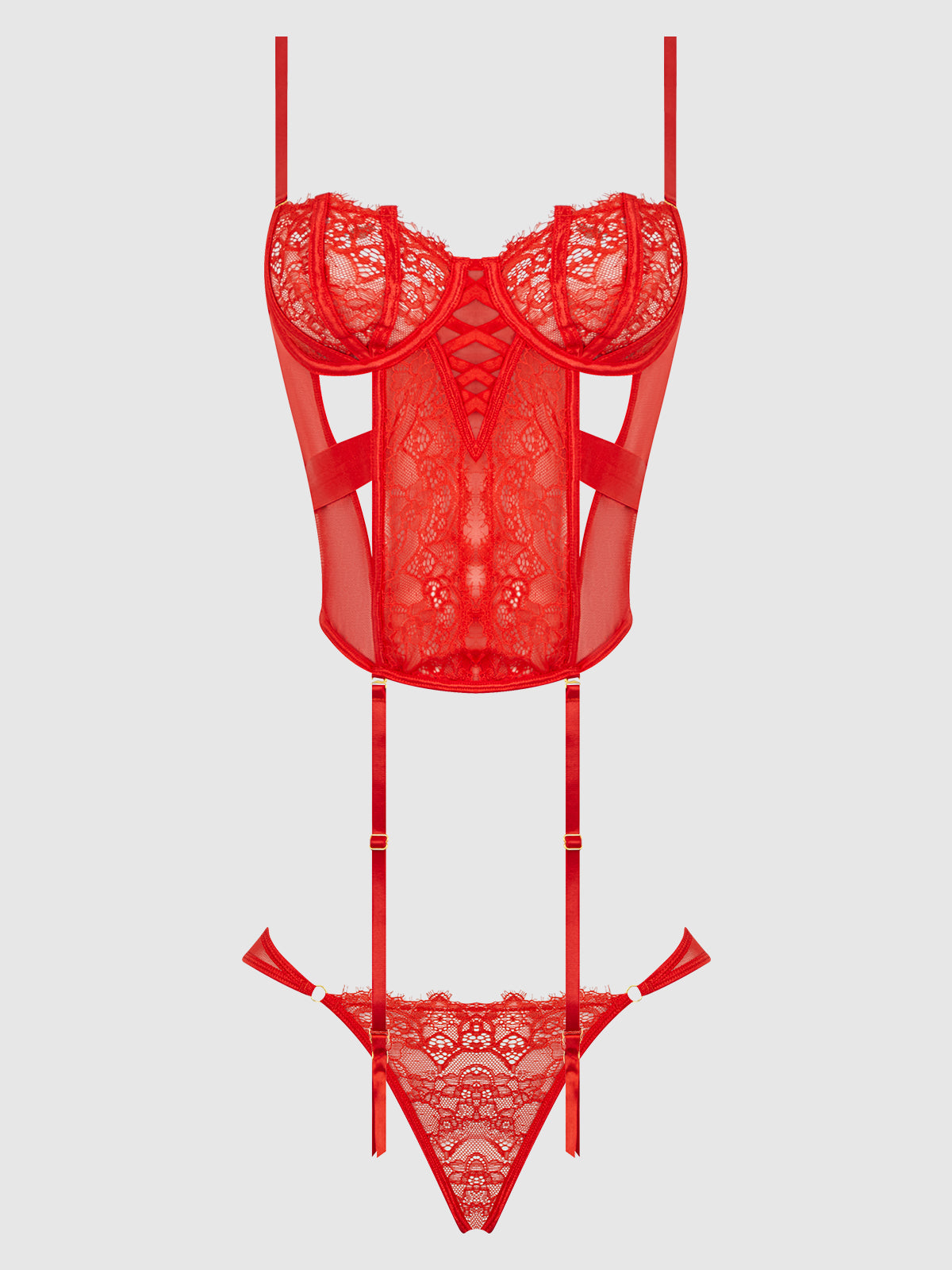 NADIA LACE & MESH CORSET & BACKLESS HIPSTER SET