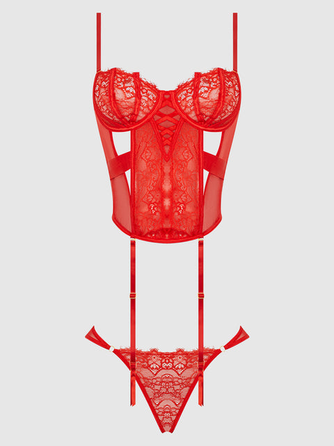 NADIA LACE & MESH CORSET & BACKLESS HIPSTER SET