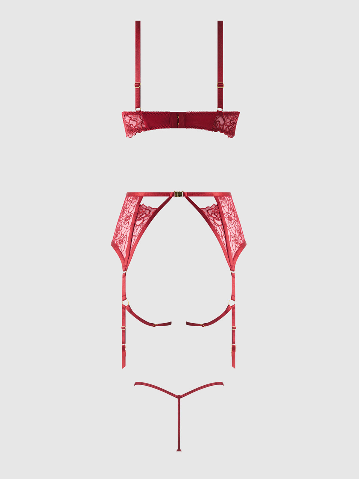 ROSALIE EMBROIDERED LACE OPEN-CUP BRA, GARTER & G-STRING SET