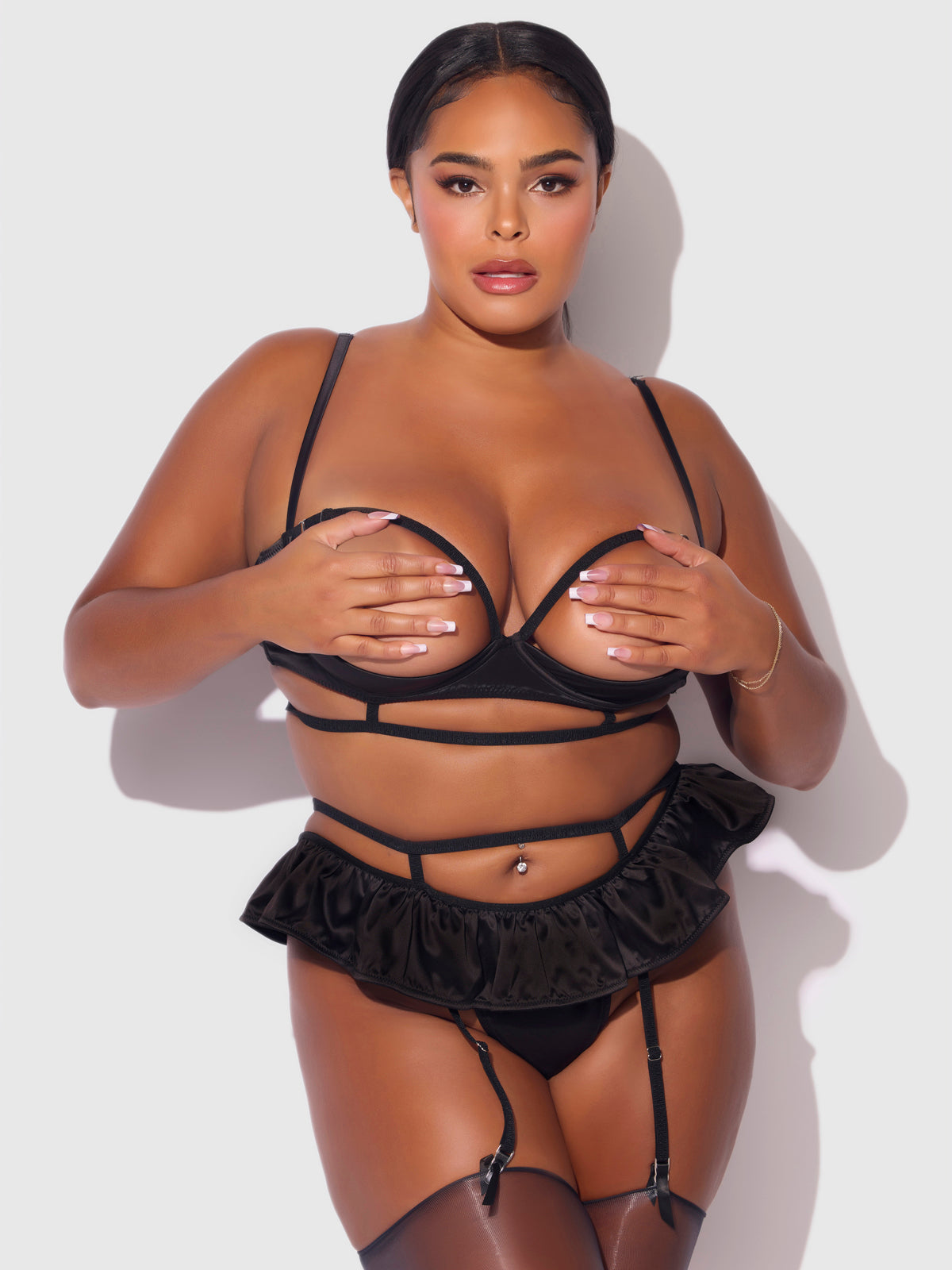 BRIGETA SATIN OPEN CUP BRA & SKIRTED THONG SET