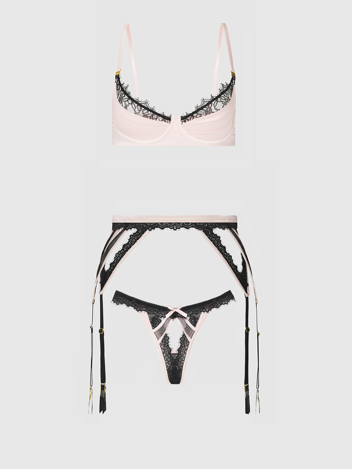 JOCELYN SATIN & LACE PUSH UP BRA, GARTER, & TANGA SET