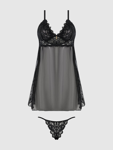 BELLA LACE & MESH BABYDOLL & G-STRING SET