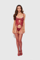 EDEN EMBROIDERED LACE BUSTIER & G-STRING SET RHUBARB / S