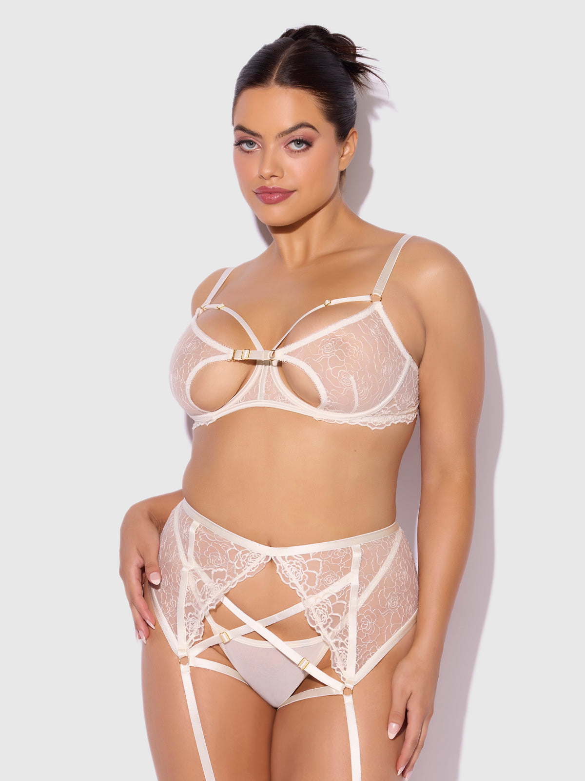 ROSALIE EMBROIDERED LACE OPEN-CUP BRA, GARTER & G-STRING SET