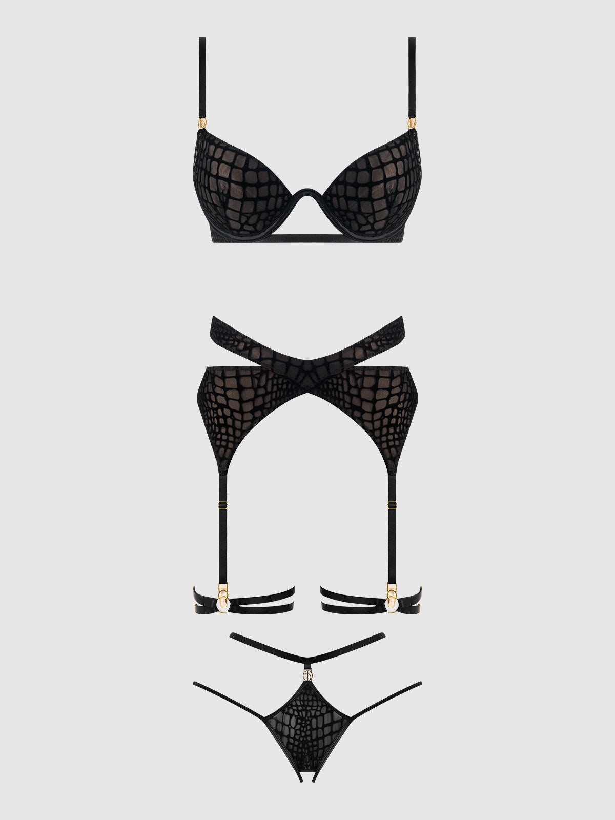 SNAKE VELVET-BURNOUT MESH BRA, GARTER, & BACKESS HIPSTER SET