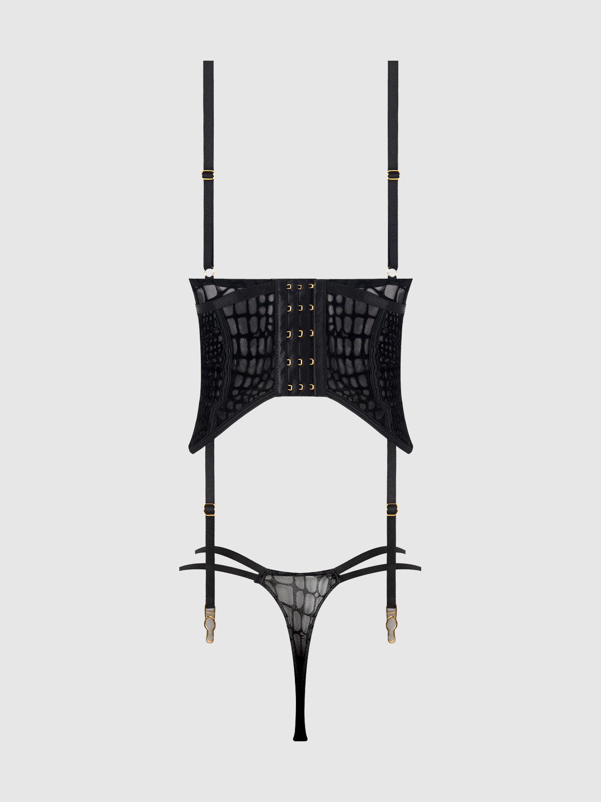 SNAKE VELVET-BURNOUT MESH BUSTIER & THONG SET