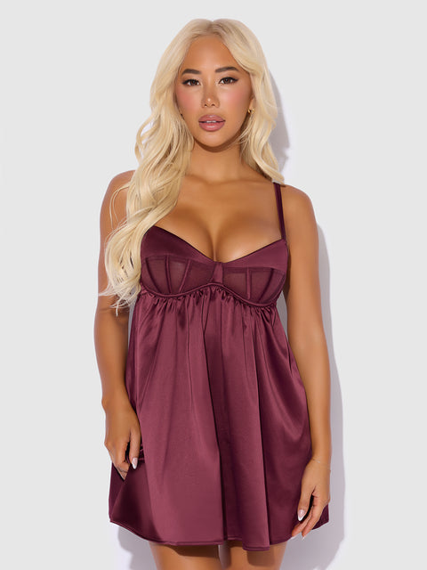 BRIGETA SATIN & MESH CORSETTED BABYDOLL & G-STRING SET
