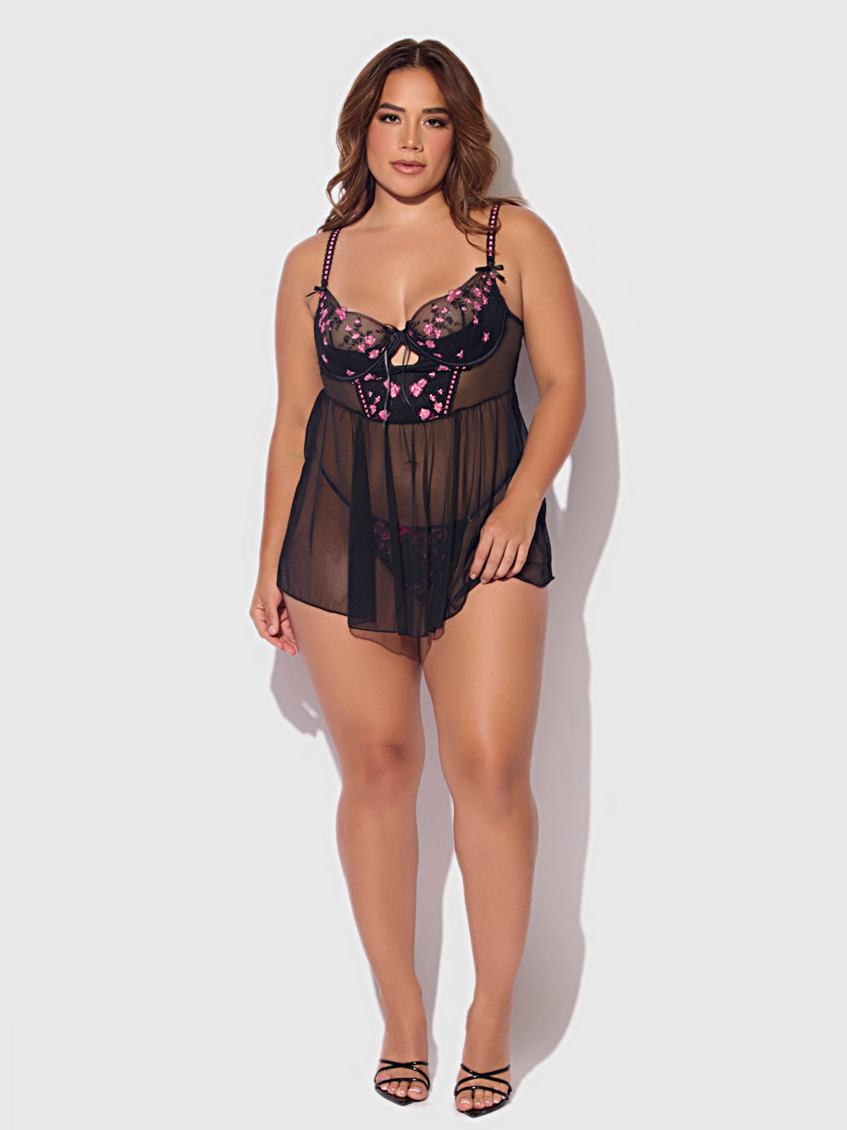 HARPER EMBROIDERED MESH DROP WAIST BABYDOLL & G-STRING SET