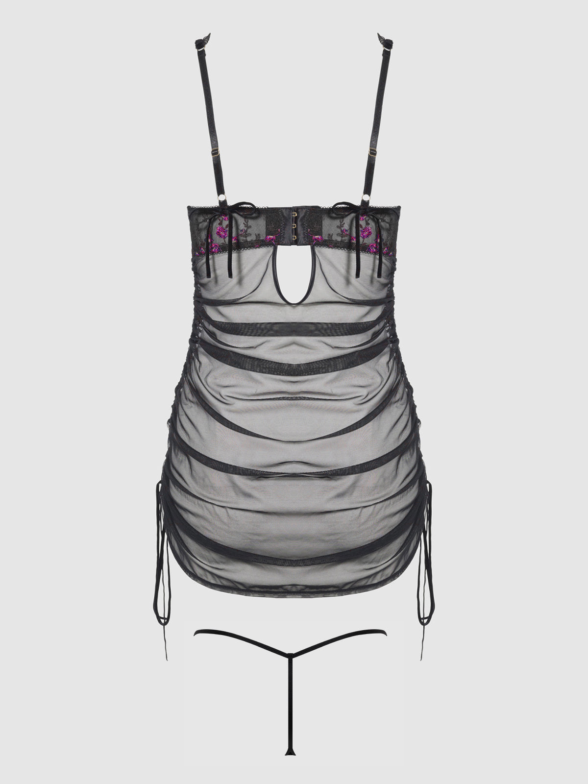 HARPER EMBROIDERED MESH SIDE CINCH CHEMISE & G-STRING SET