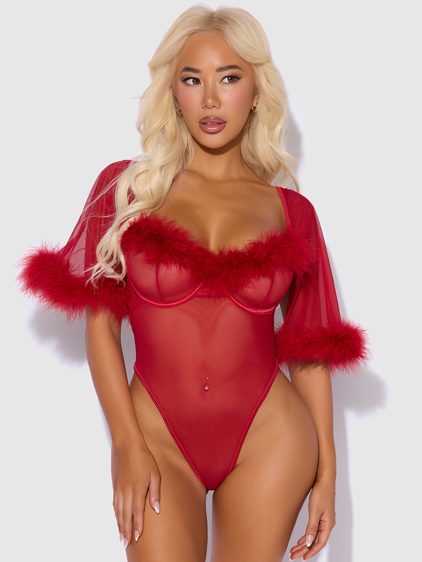 MARILYN MARABOU & MESH BELL-SLEEVED BODYSUIT