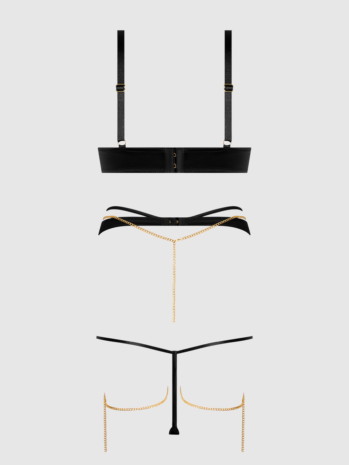 EVANGELINE SATIN & CHAIN BRA, THIGH GARTER & G-STRING SET