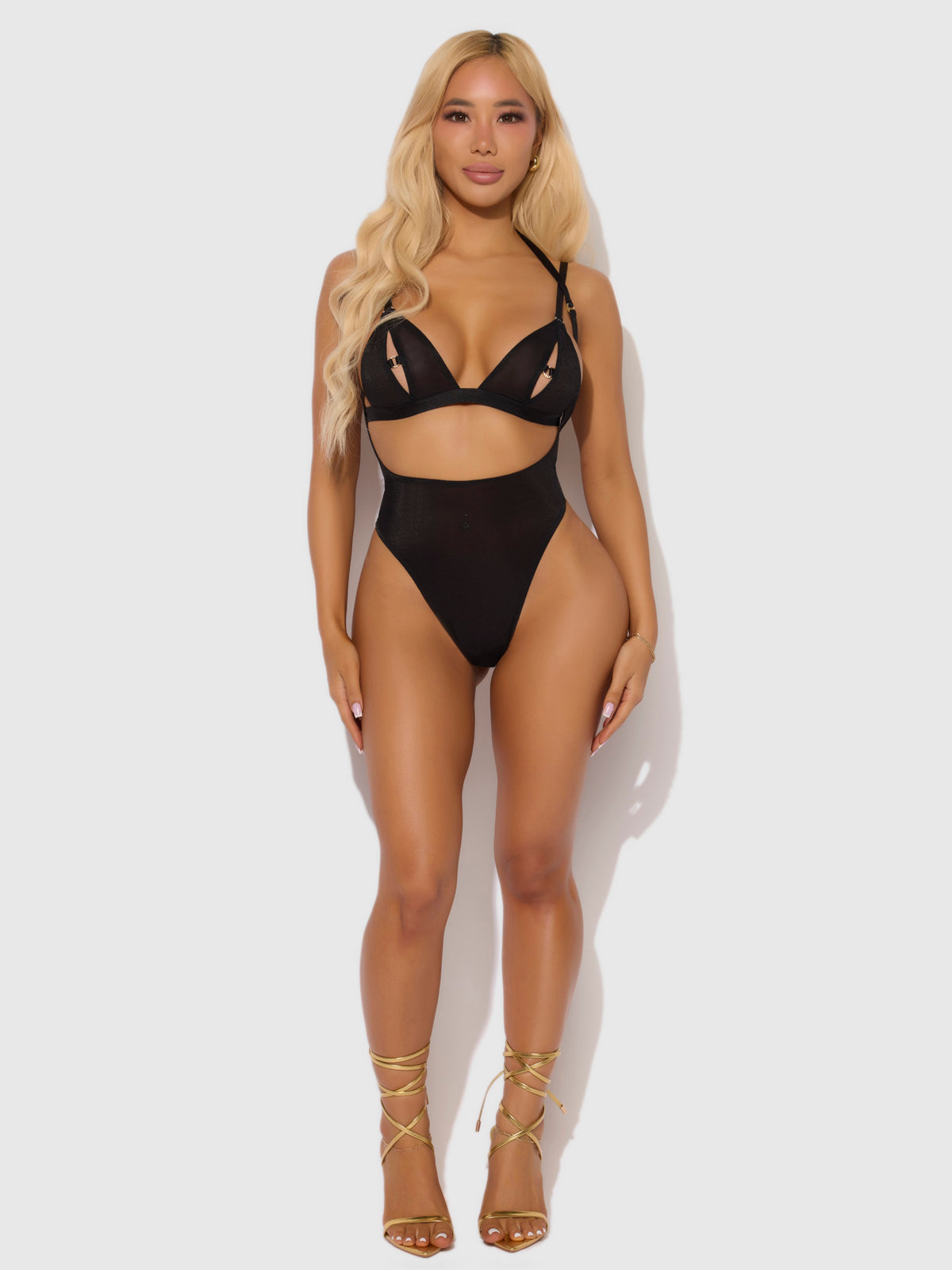 YASMINE SHIMMER MESH SLIT CUP, BACKLESS TEDDY & BRALETTE SET