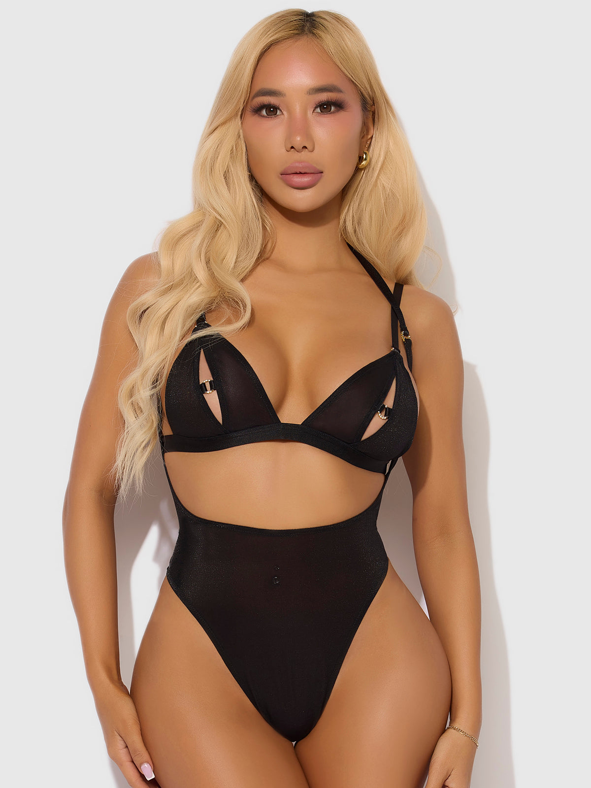 YASMINE SHIMMER MESH SLIT CUP, BACKLESS TEDDY & BRALETTE SET