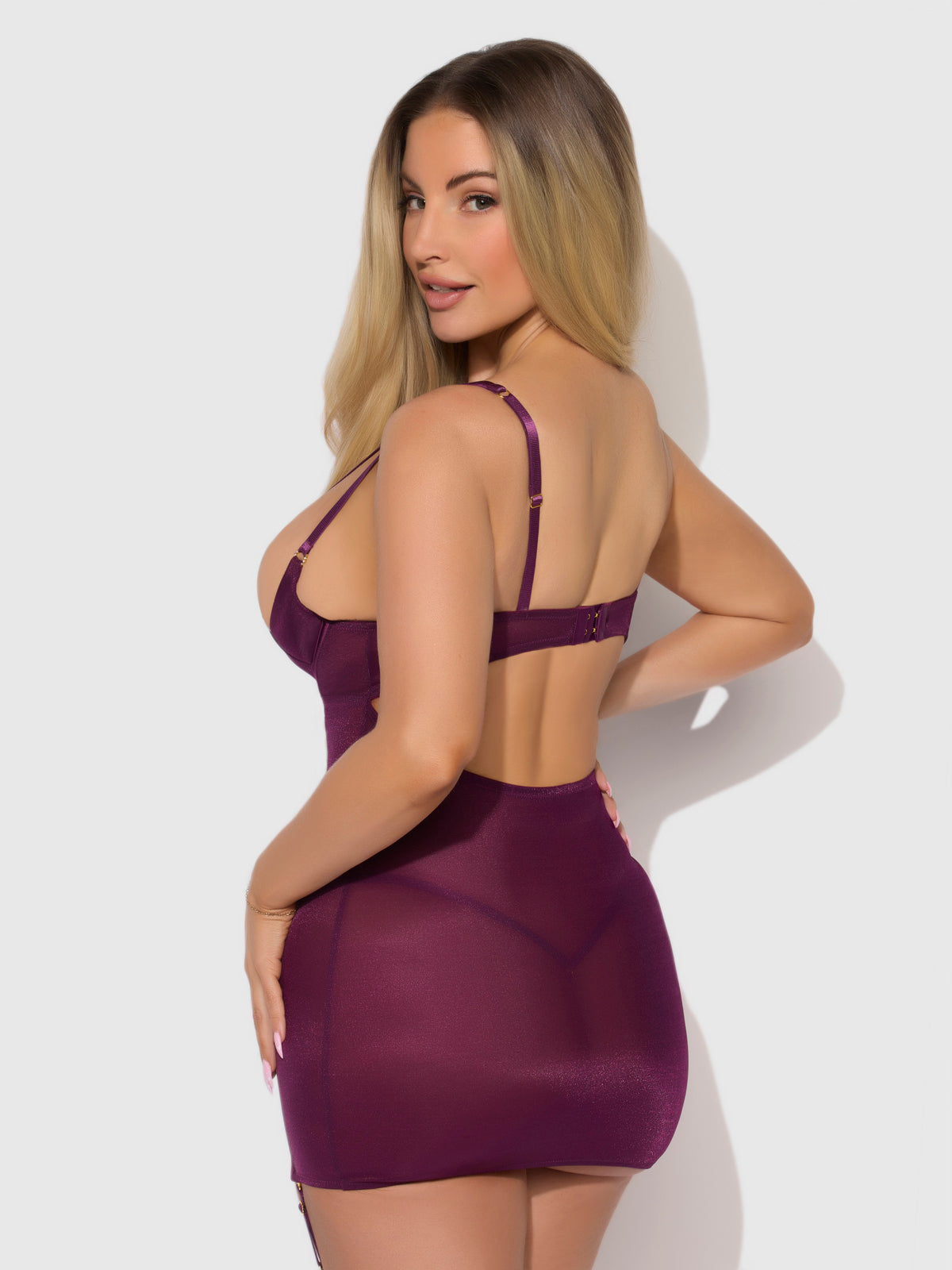 YASMINE SHIMMER MESH O-RING THIGH GARTER CHEMISE SET