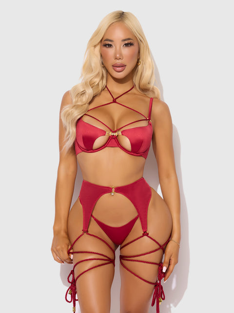 IRYNA SILKY MICRO & ROPE BRA, GARTER & THONG SET
