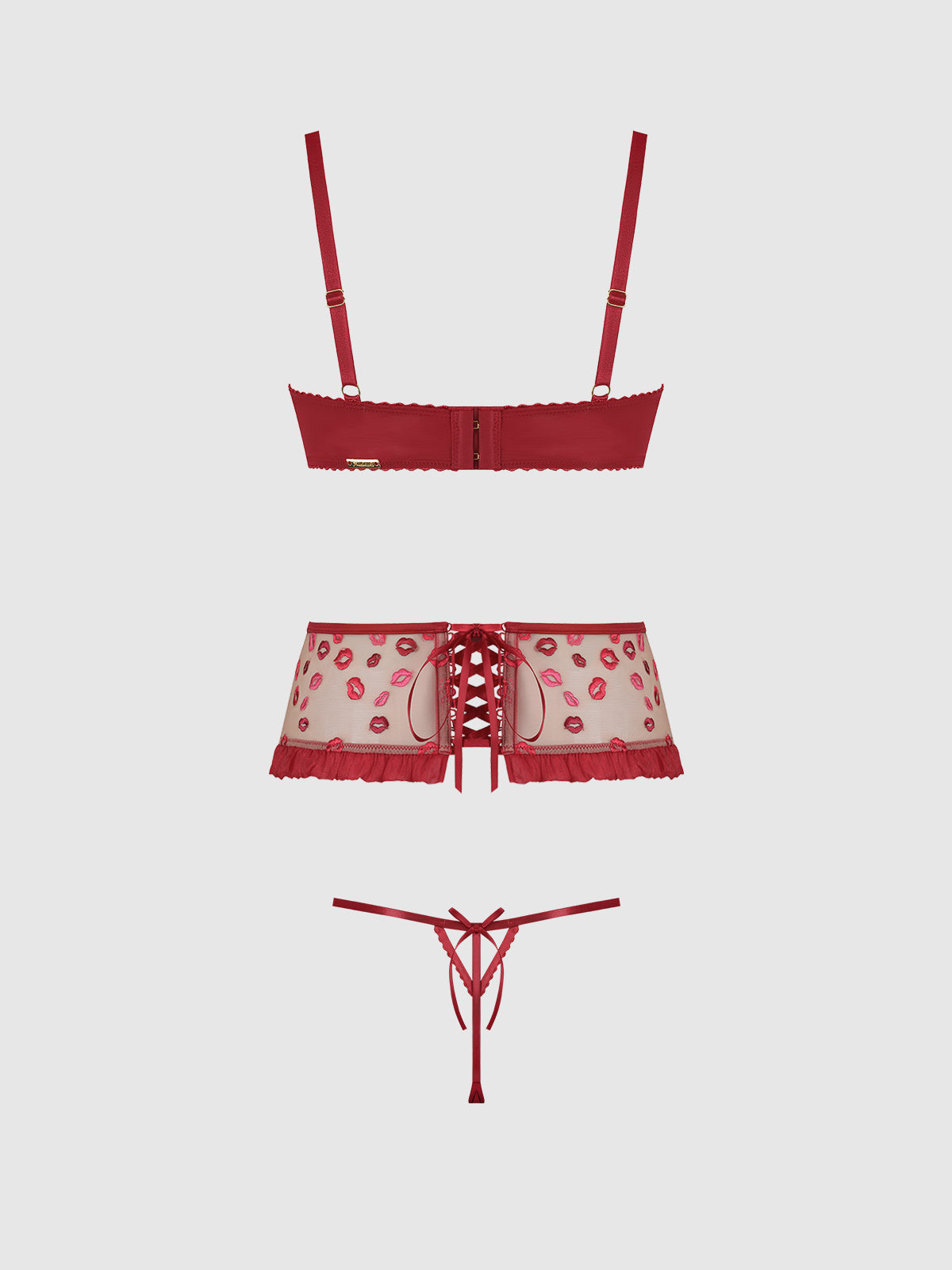 ANGELINA LIPS EMBROIDERY OPEN CUP BRA, GARTER & BOW G-STRING SET