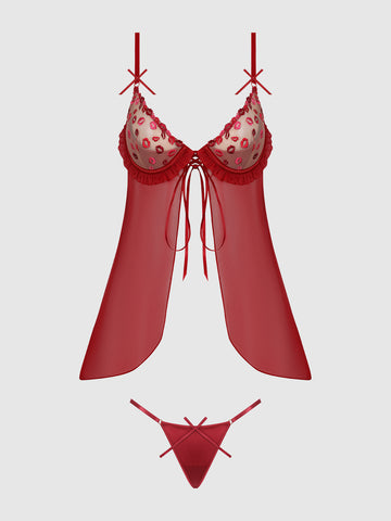 ANGELINA LIPS EMBROIDERY BABYDOLL & BOW G-STRING SET