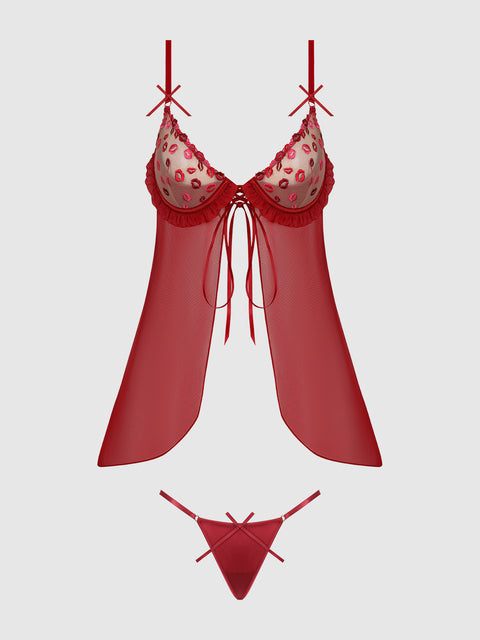 ANGELINA LIPS EMBROIDERY BABYDOLL & BOW G-STRING SET