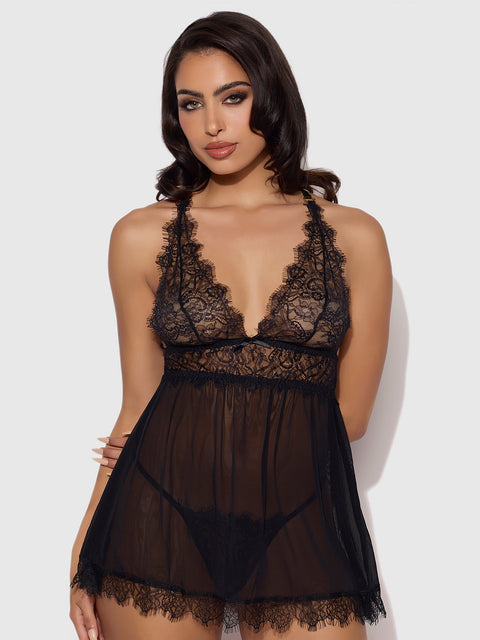 MILA EYELASH LACE & MESH BABYDOLL & G-STRING SET