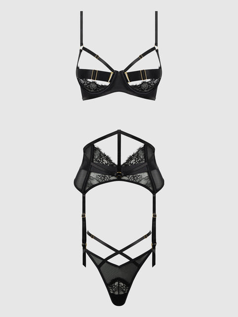 NADIA LACE & MESH BRA, GARTER & G-STRING SET