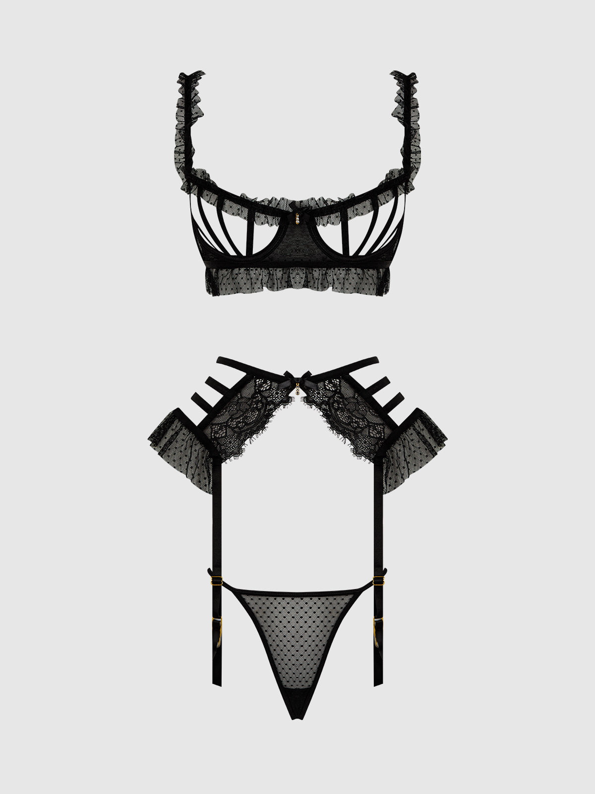 PORTIA SWISS DOT CUTOUT BRA, GARTER & THONG SET