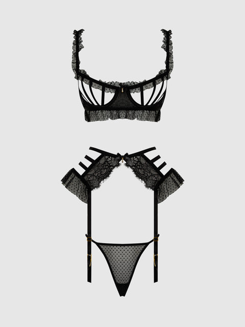 PORTIA SWISS DOT CUTOUT BRA, GARTER & THONG SET