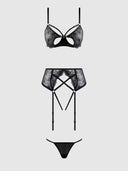 ROSALIE EMBROIDERED LACE OPEN-CUP BRA, GARTER & G-STRING SET