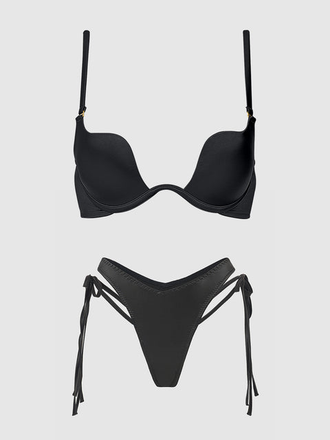 BRIGETA SATIN PLUNGE PUSH UP BRA & TIE SIDE TANGA SET