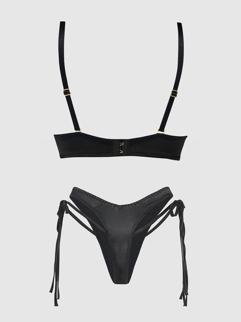 BRIGETA SATIN PLUNGE PUSH UP BRA & TIE SIDE TANGA SET