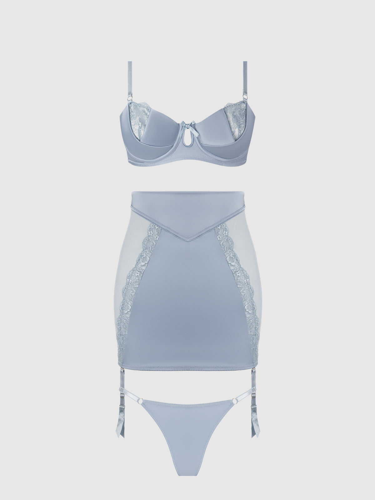 SIENNA SATIN & LACE BRA, BACKLESS SKIRT & TANGA SET