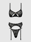 YVONE LACE OPEN CUP BRA, CROTCHLESS THONG & GARTER SET