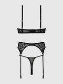 YVONE LACE OPEN CUP BRA, CROTCHLESS THONG & GARTER SET