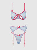 YVONE LACE OPEN CUP BRA, CROTCHLESS THONG & GARTER SET