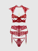 DEZI LACE & CHAIN OPEN CUP BRA, GARTER & G-STRING SET