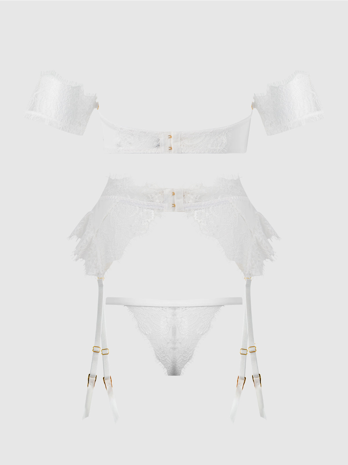 BRIDAL SATIN & LACE STRAPLESS BRA, GARTER BELT & TANGA SET