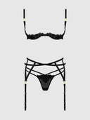 ASHLEY ALEXISS LACE OPEN CUP BRA, G-STRING & GARTER SET