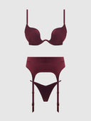 BRIGETA SATIN DEEP PLUNGE PUSH UP BRA, GARTER & THONG SET