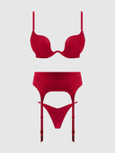 BRIGETA SATIN DEEP PLUNGE PUSH UP BRA, GARTER & THONG SET