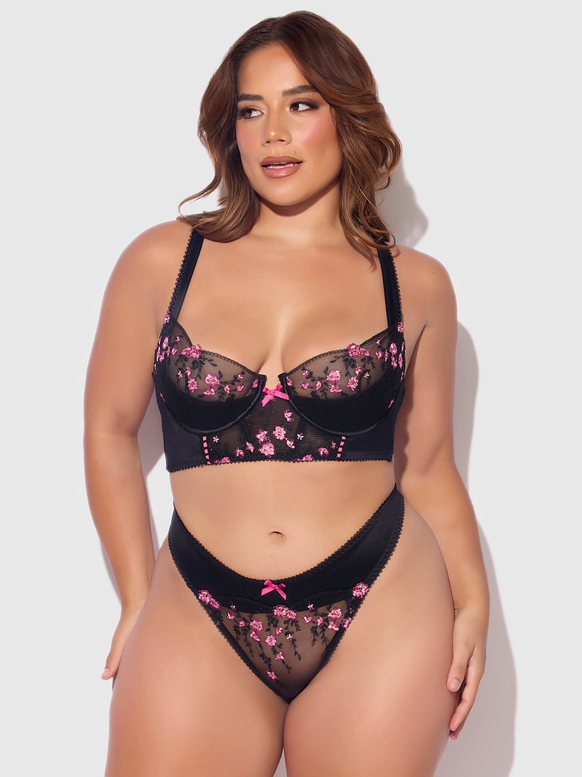 HARPER EMBROIDERED MESH & MICRO LONGLINE BRA & THONG SET