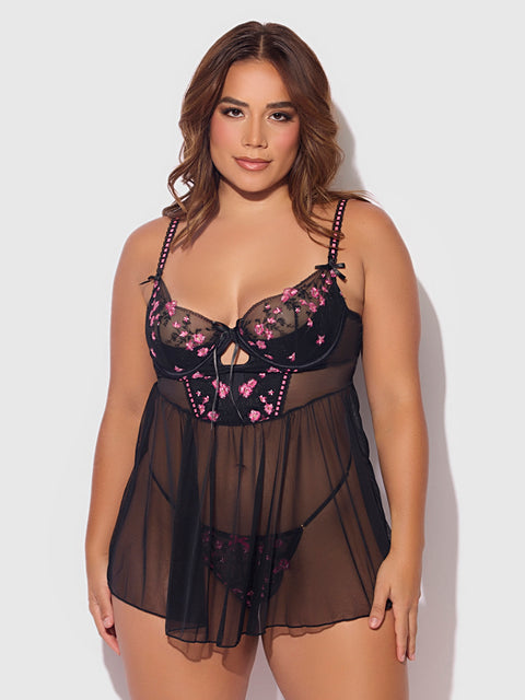 HARPER EMBROIDERED MESH DROP WAIST BABYDOLL & G-STRING SET