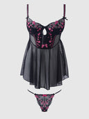 HARPER EMBROIDERED MESH DROP WAIST BABYDOLL & G-STRING SET