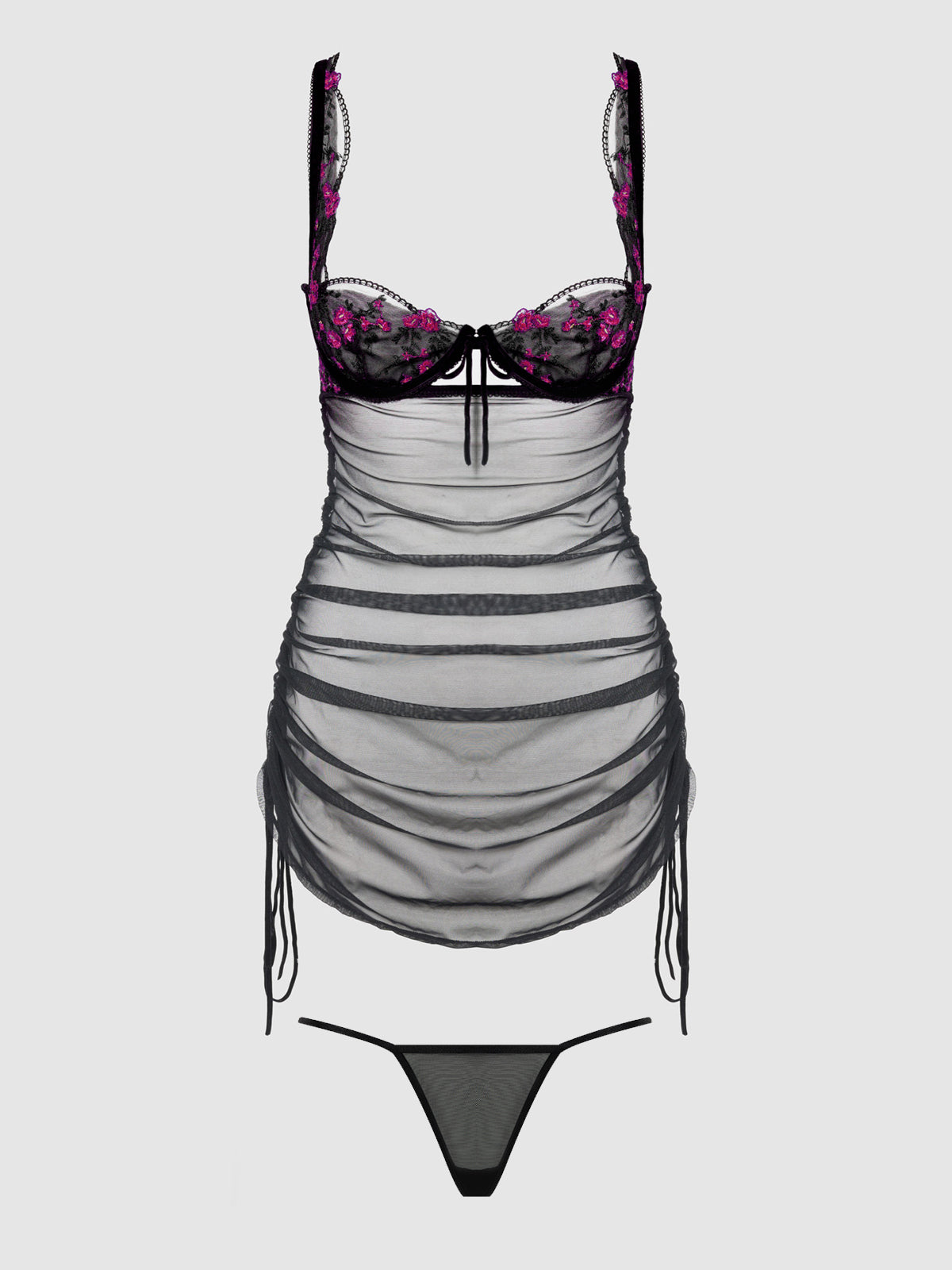 HARPER EMBROIDERED MESH SIDE CINCH CHEMISE & G-STRING SET