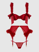 MARILYN MARABOU & MESH OPENABLE BRA, GARTER, & G-STRING SET