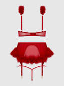 MARILYN MARABOU & MESH OPENABLE BRA, GARTER, & G-STRING SET