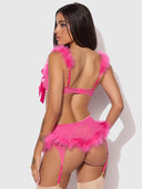 MARILYN MARABOU & MESH OPENABLE BRA, GARTER, & G-STRING SET
