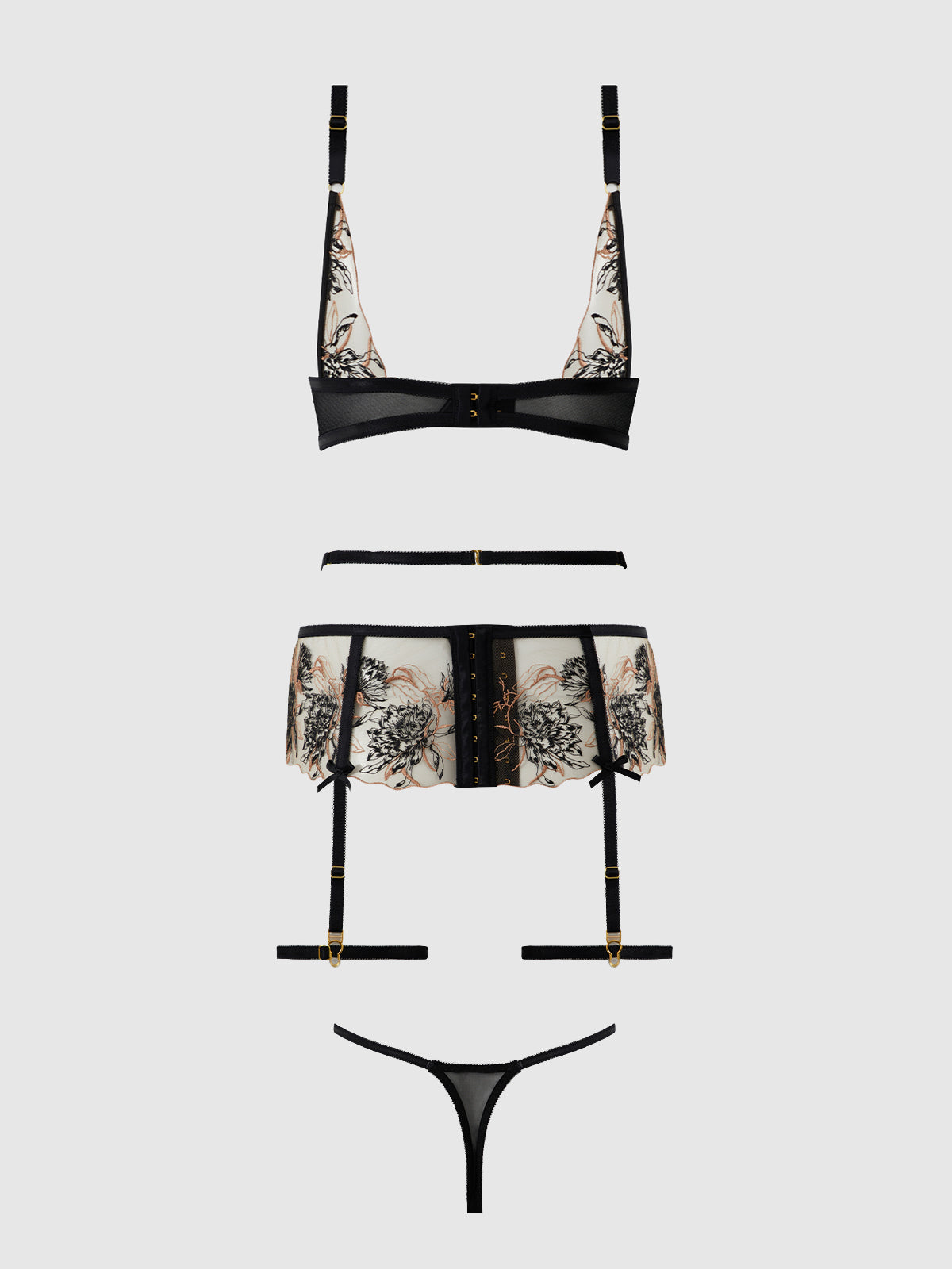 DELILAH EMBROIDERED PUSH UP BRA, GARTER & THONG SET