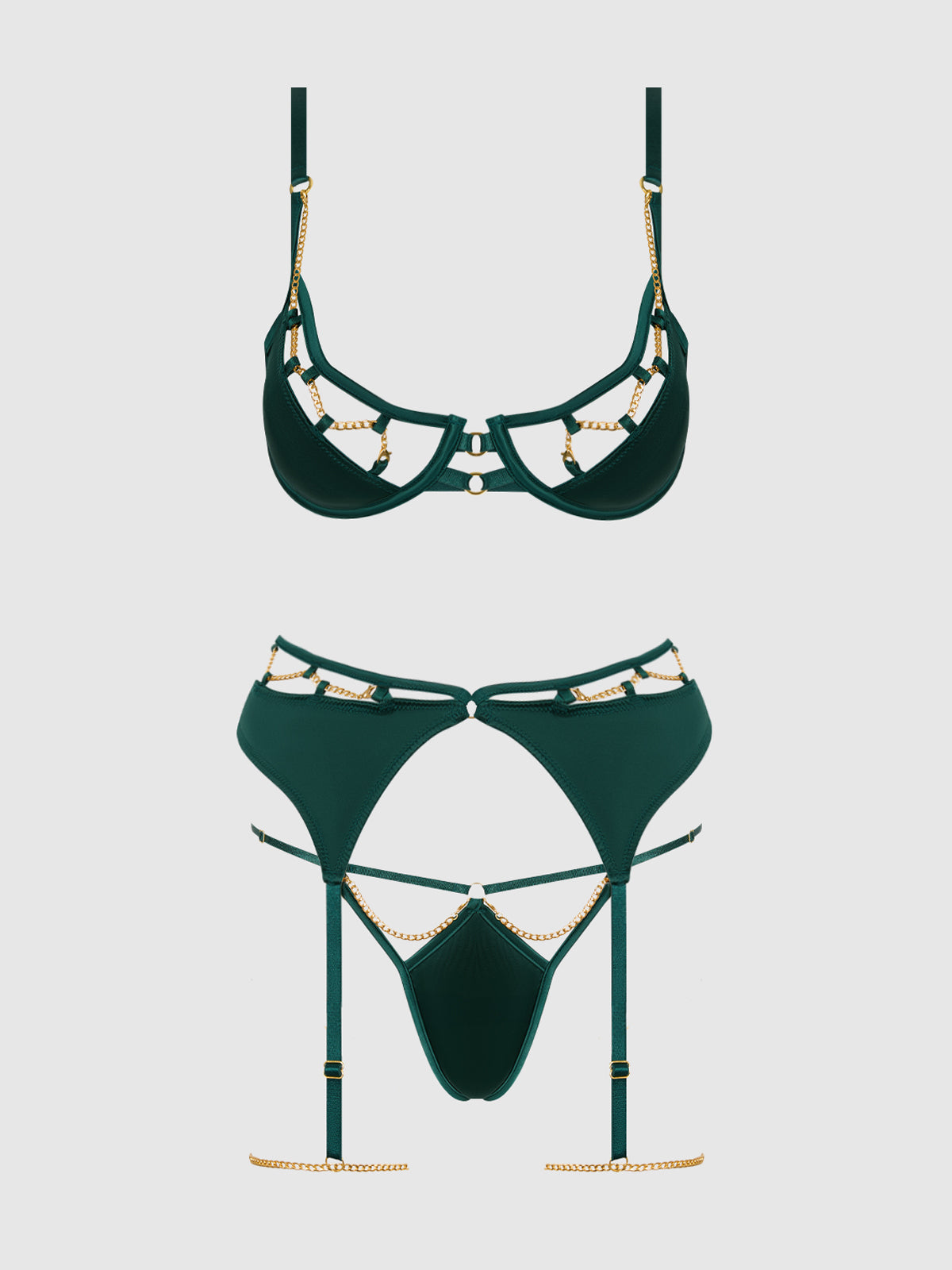 EVANGELINE SATIN & CHAIN BRA, THIGH GARTER & G-STRING SET