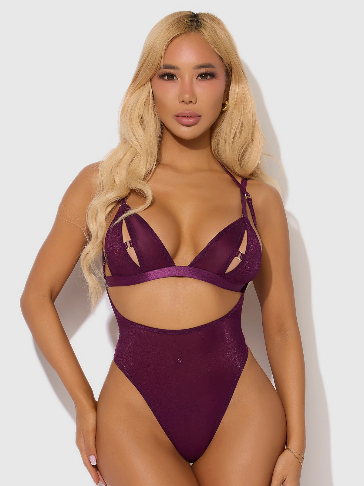 YASMINE SHIMMER MESH SLIT CUP, BACKLESS TEDDY & BRALETTE SET