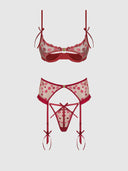 ANGELINA LIPS EMBROIDERY OPEN CUP BRA, GARTER & BOW G-STRING SET